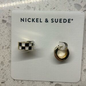 Nickel and Suede checkered chunky huggie hoops